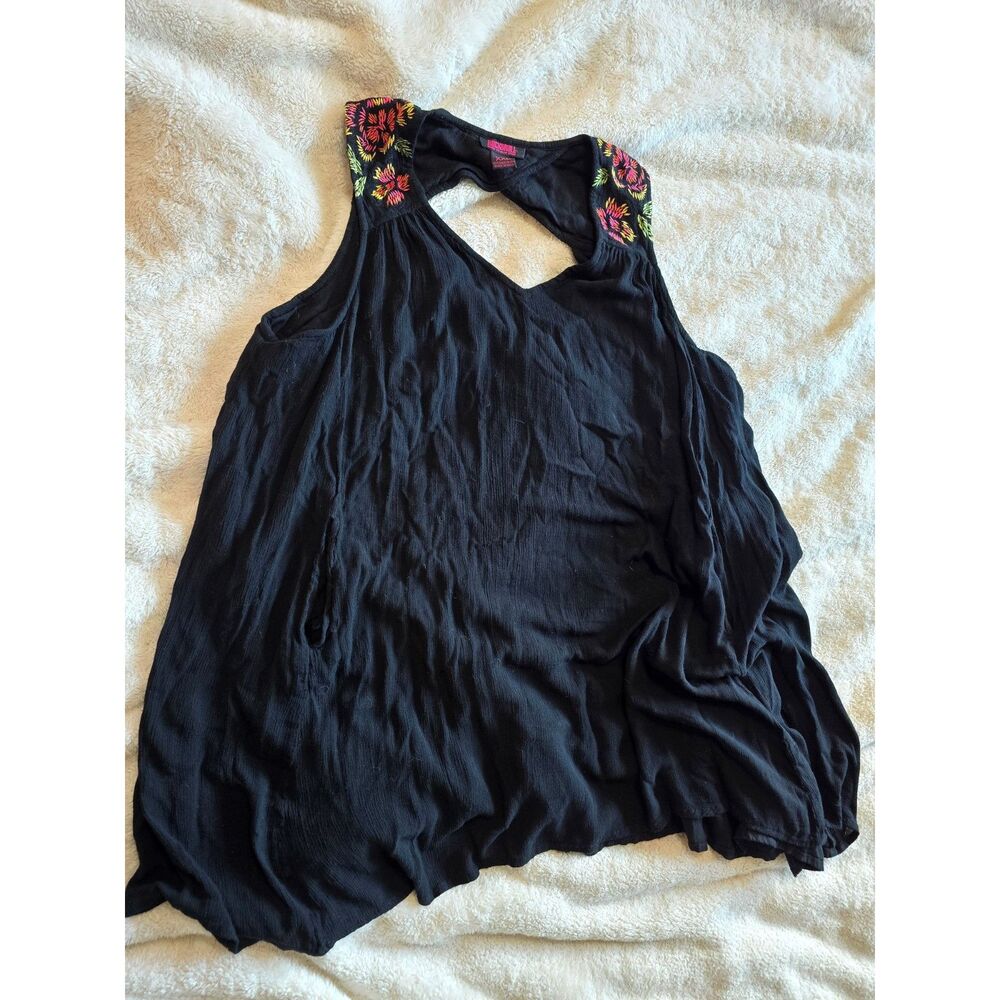 Rock & Roll Denim Black Embroidered Cutout Back Tank Dress/Tunic Top